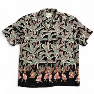 Vintage 1970s Diamond Head Tropical Dancer Print Shirt Wooden Buttons Large